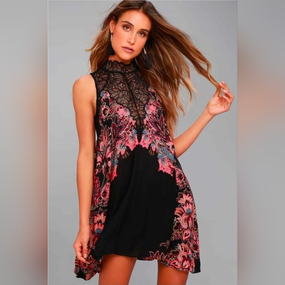 Free People Floral Marsha Trapeze Swing Slip Lace Tunic Dress Lingerie Medium